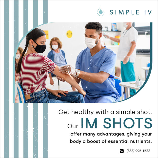 Get healthy with a simple shot.

Our IM shots offer many advantages, giving your body a boost of essential nutrients.

When you’re looking to meet your health goals, our vitamin shots can be the perfect solution.

Speak with our team at Simple IV for the best recommendation that best suits your needs.

Call us at (888) 996-1688 today.

https://www.simpleiv.com/im-shots/ 

#IVtherapy #ivnutrition #vitaminsource #vitaminsandminerals #vitamins #infusions #biotin #vitaminC #b12shots #b12injections #antioxidants