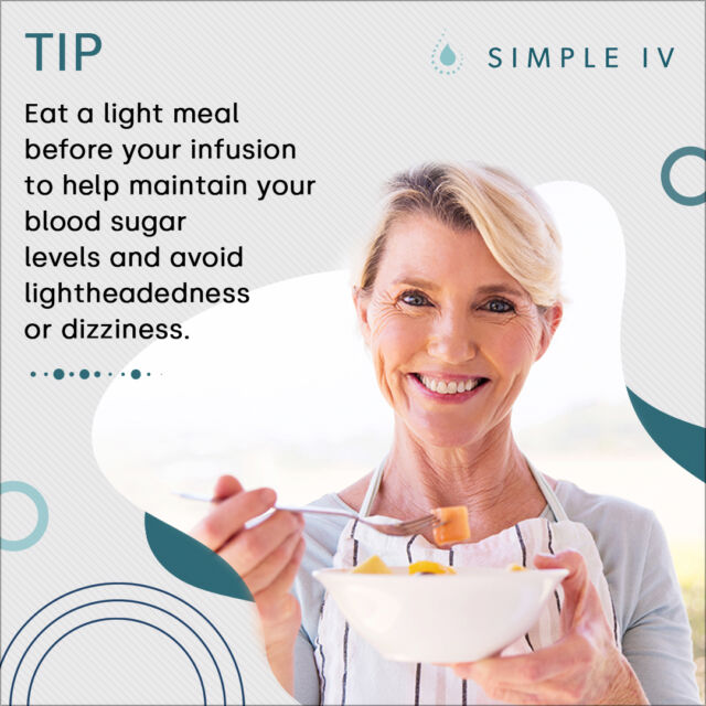Eat a light meal before your infusion to help maintain your blood sugar levels and avoid lightheadedness or dizziness.

#IVtherapy #ivnutrition #vitaminsource #vitaminsandminerals #vitamins #infusions #biotin #vitaminC #b12shots #b12injections #antioxidants